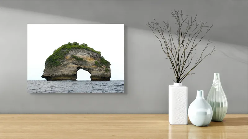 Tablou Canvas, "Arcul de Piatră al Mării Sudice", Stâncă, Arcadă, Ocean, Vegetație, Cer, Apă, Natură, Insulă., 54 x 39 cm – poza 3