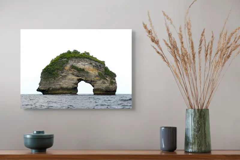 Tablou Canvas, "Arcul de Piatră al Mării Sudice", Stâncă, Arcadă, Ocean, Vegetație, Cer, Apă, Natură, Insulă., 54 x 39 cm – poza 4