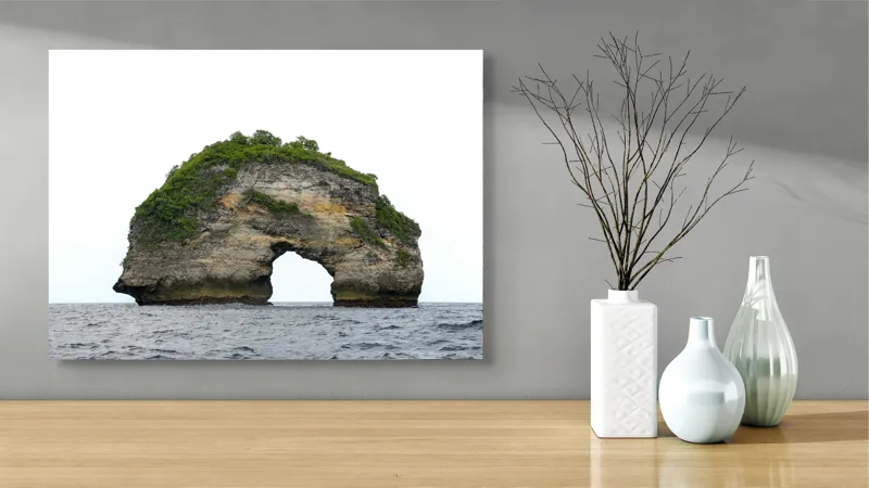 Tablou Canvas, "Arcul de Piatră al Mării Sudice", Stâncă, Arcadă, Ocean, Vegetație, Cer, Apă, Natură, Insulă., 70 x 50 cm – poza 3