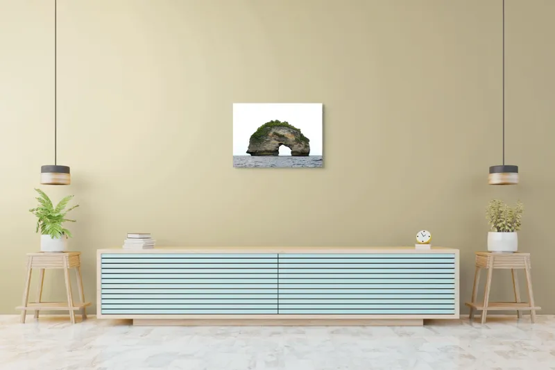 Tablou Canvas, "Arcul de Piatră al Mării Sudice", Stâncă, Arcadă, Ocean, Vegetație, Cer, Apă, Natură, Insulă., 70 x 50 cm – poza 7