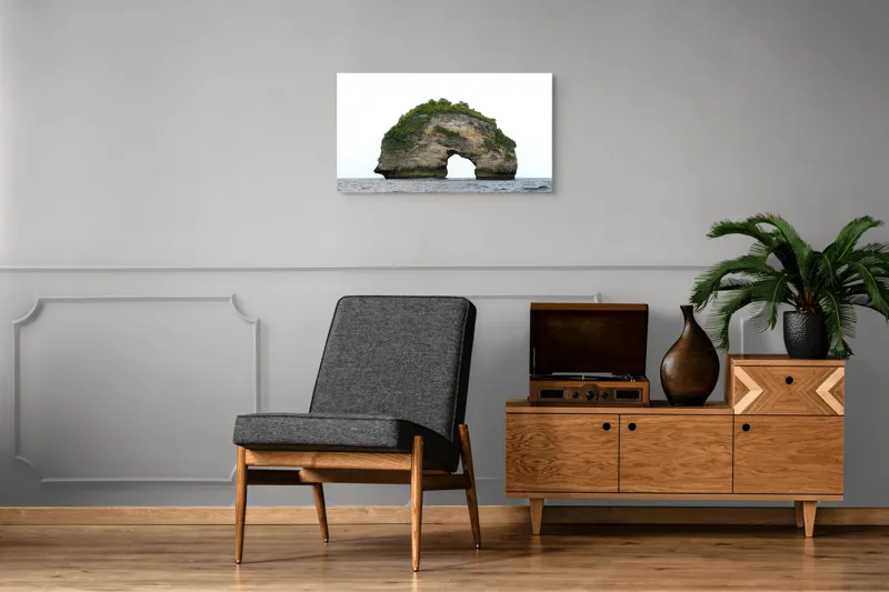 Tablou Canvas, "Arcul de Piatră al Mării Sudice", Stâncă, Arcadă, Ocean, Vegetație, Cer, Apă, Natură, Insulă., 90 x 50 cm – poza 6