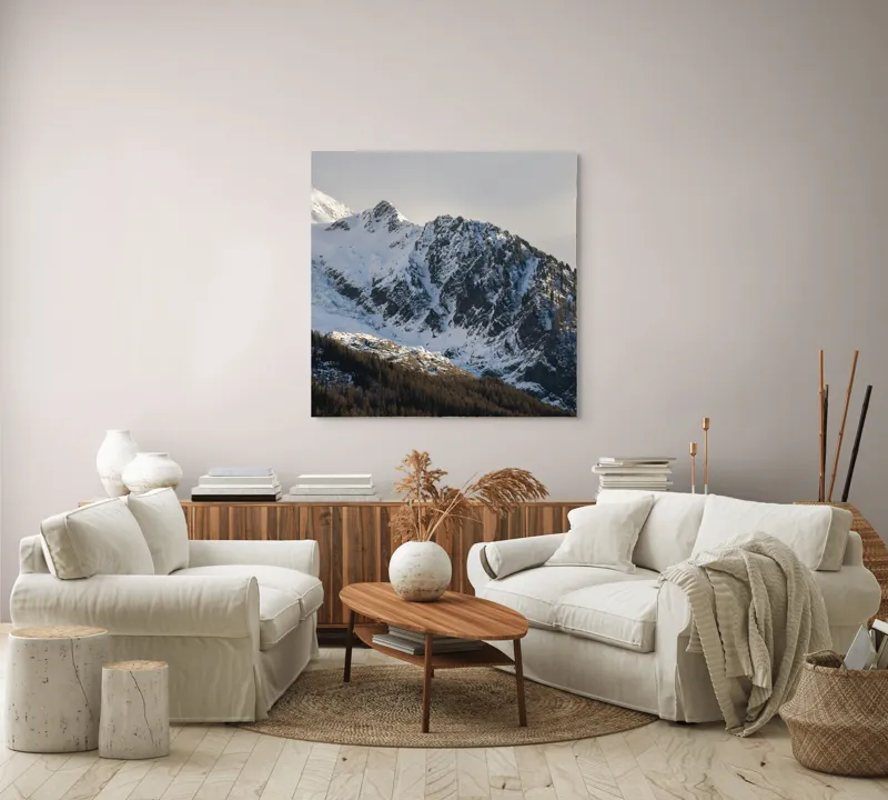 Tablou Canvas, "Liniștea înălțimilor încărcate de zăpadă", Munți, Zăpadă, Păduri, Cer, Stânci, 100 x 100 cm – poza 3