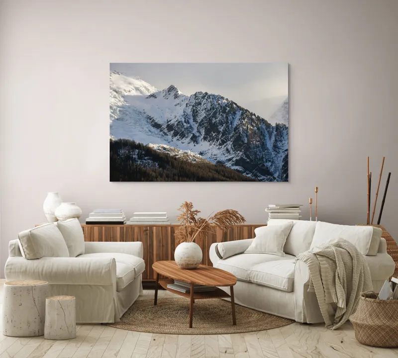 Tablou Canvas, "Liniștea înălțimilor încărcate de zăpadă", Munți, Zăpadă, Păduri, Cer, Stânci, 150 x 100 cm – poza 3