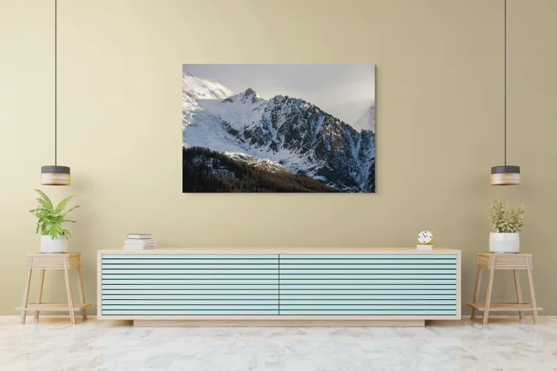 Tablou Canvas, "Liniștea înălțimilor încărcate de zăpadă", Munți, Zăpadă, Păduri, Cer, Stânci, 150 x 100 cm – poza 6