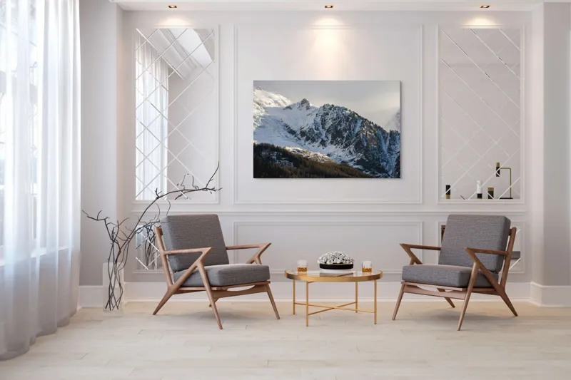 Tablou Canvas, "Liniștea înălțimilor încărcate de zăpadă", Munți, Zăpadă, Păduri, Cer, Stânci, 150 x 100 cm – poza 7