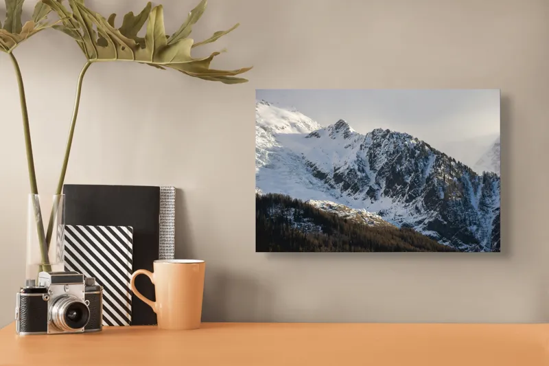 Tablou Canvas, "Liniștea înălțimilor încărcate de zăpadă", Munți, Zăpadă, Păduri, Cer, Stânci, 39 x 26 cm – poza 3