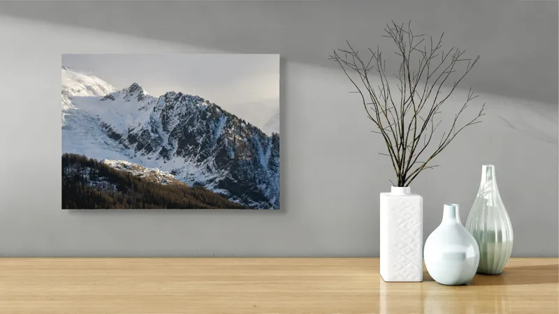 Tablou Canvas, "Liniștea înălțimilor încărcate de zăpadă", Munți, Zăpadă, Păduri, Cer, Stânci, 54 x 39 cm – poza 3