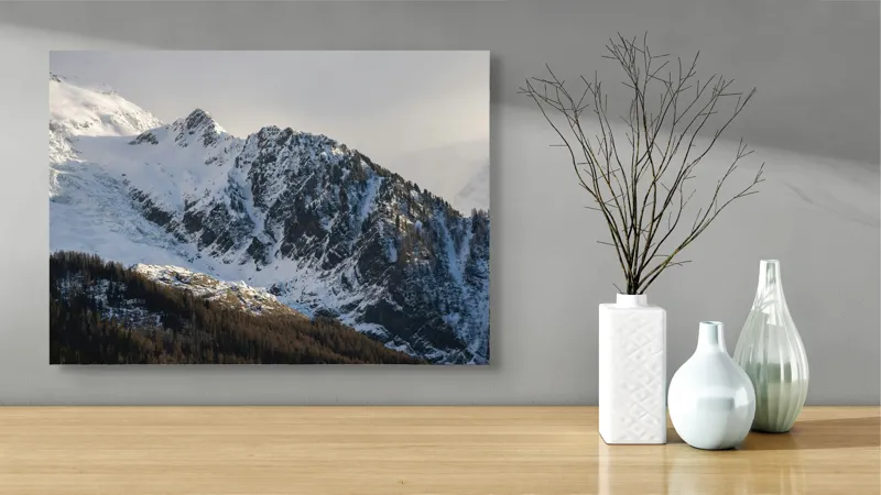 Tablou Canvas, "Liniștea înălțimilor încărcate de zăpadă", Munți, Zăpadă, Păduri, Cer, Stânci, 70 x 50 cm – poza 3