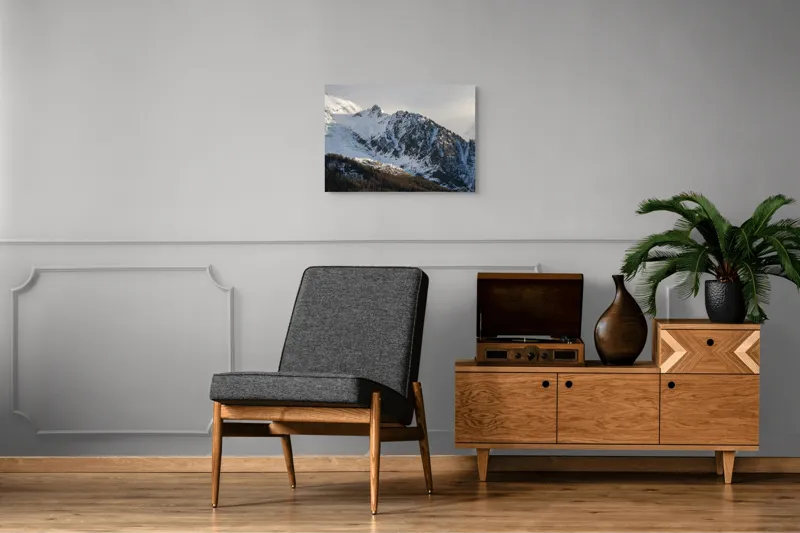 Tablou Canvas, "Liniștea înălțimilor încărcate de zăpadă", Munți, Zăpadă, Păduri, Cer, Stânci, 70 x 50 cm – poza 4