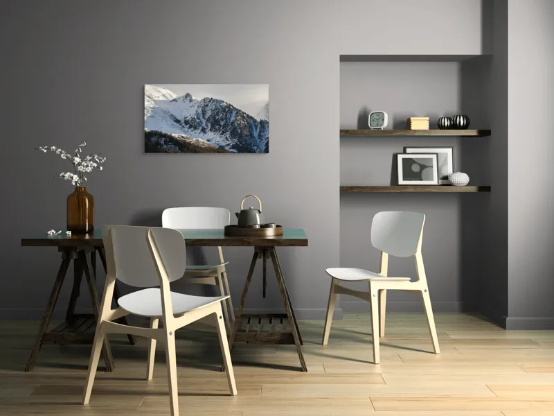 Tablou Canvas, "Liniștea înălțimilor încărcate de zăpadă", Munți, Zăpadă, Păduri, Cer, Stânci, 90 x 50 cm – poza 3