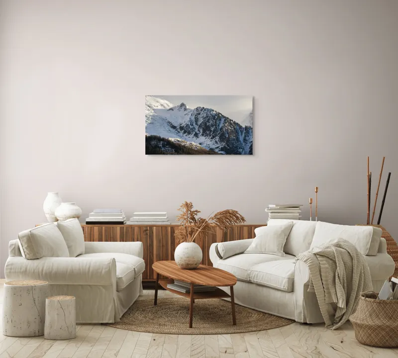 Tablou Canvas, "Liniștea înălțimilor încărcate de zăpadă", Munți, Zăpadă, Păduri, Cer, Stânci, 90 x 50 cm – poza 4