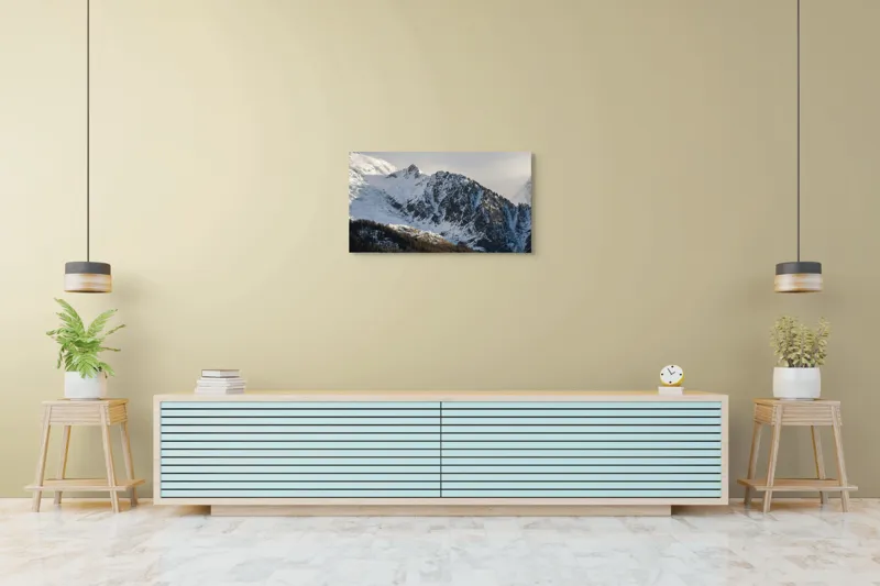 Tablou Canvas, "Liniștea înălțimilor încărcate de zăpadă", Munți, Zăpadă, Păduri, Cer, Stânci, 90 x 50 cm – poza 5