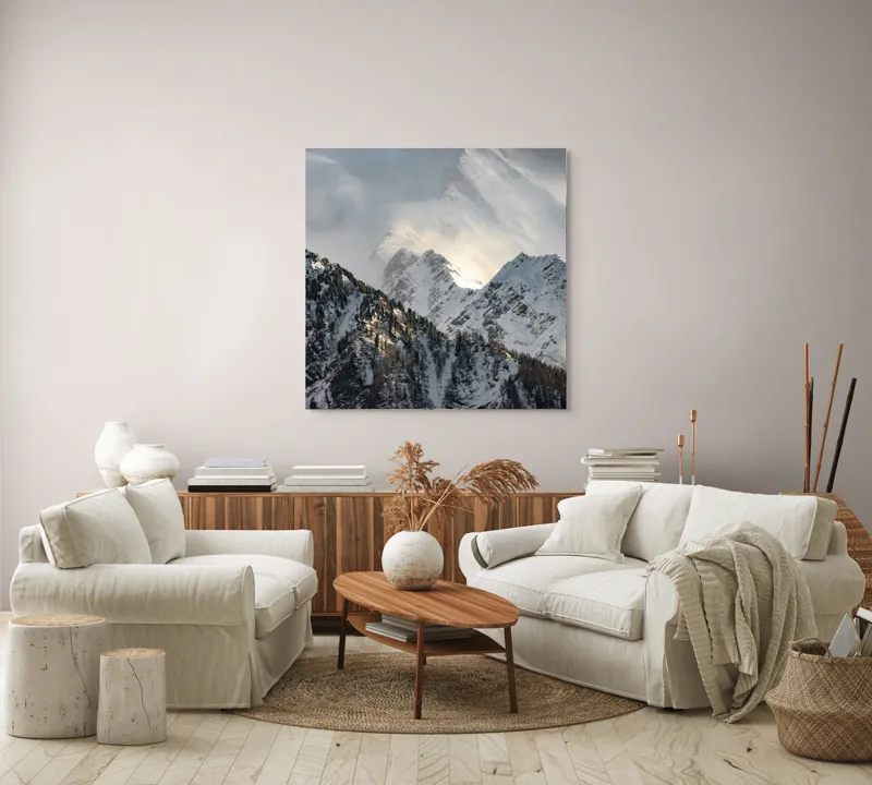 Tablou Canvas, "Vârfuri montane sub mantia norilor", Majestuos, Montan, Înghețat, Impunător, Liniștit, Vârfuri, Alpin, Pitoresc, Strălucitor, Rece, 100 x 100 cm – poza 3
