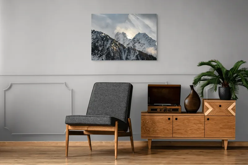 Tablou Canvas, "Vârfuri montane sub mantia norilor", Majestuos, Montan, Înghețat, Impunător, Liniștit, Vârfuri, Alpin, Pitoresc, Strălucitor, Rece, 100 x 70 cm – poza 8