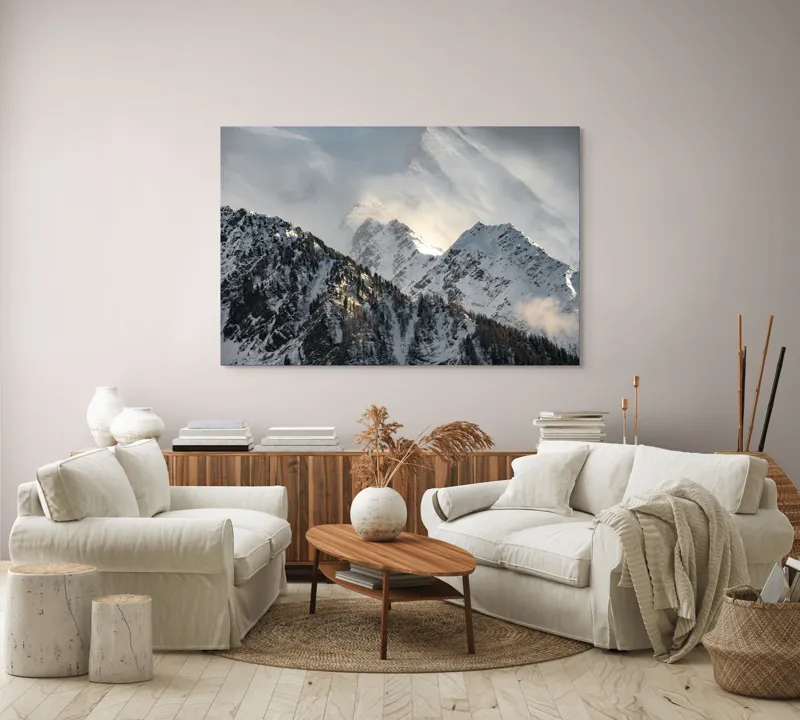 Tablou Canvas, "Vârfuri montane sub mantia norilor", Majestuos, Montan, Înghețat, Impunător, Liniștit, Vârfuri, Alpin, Pitoresc, Strălucitor, Rece, 150 x 100 cm – poza 3