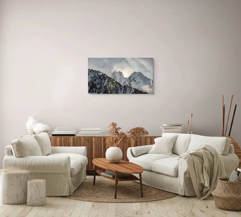 Tablou Canvas, "Vârfuri montane sub mantia norilor", Majestuos, Montan, Înghețat, Impunător, Liniștit, Vârfuri, Alpin, Pitoresc, Strălucitor, Rece, 90 x 50 cm – poza 4