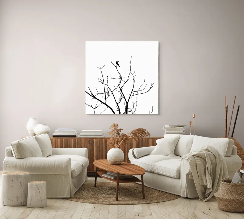 Tablou Canvas, "Pasărea singuratică în zare albă", Ramură, Siluetă, Pasăre, Cer, Contrast, Natură, Minimalism, Linie., 100 x 100 cm – poza 3