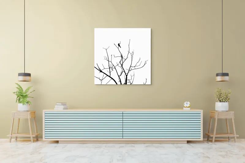 Tablou Canvas, "Pasărea singuratică în zare albă", Ramură, Siluetă, Pasăre, Cer, Contrast, Natură, Minimalism, Linie., 100 x 100 cm – poza 5