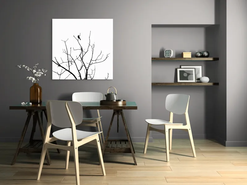 Tablou Canvas, "Pasărea singuratică în zare albă", Ramură, Siluetă, Pasăre, Cer, Contrast, Natură, Minimalism, Linie., 100 x 100 cm – poza 6