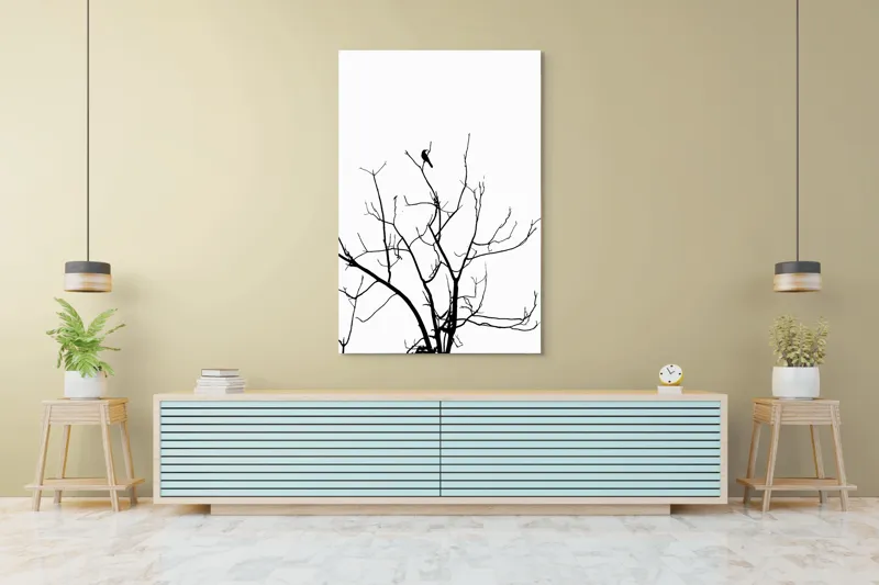 Tablou Canvas, "Pasărea singuratică în zare albă", Ramură, Siluetă, Pasăre, Cer, Contrast, Natură, Minimalism, Linie., 100 x 150 cm – poza 4
