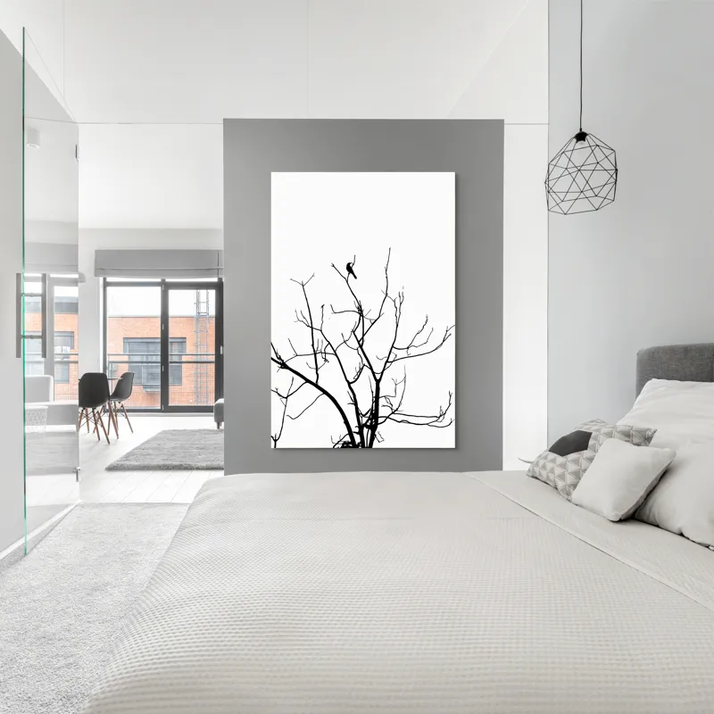 Tablou Canvas, "Pasărea singuratică în zare albă", Ramură, Siluetă, Pasăre, Cer, Contrast, Natură, Minimalism, Linie., 100 x 150 cm – poza 5