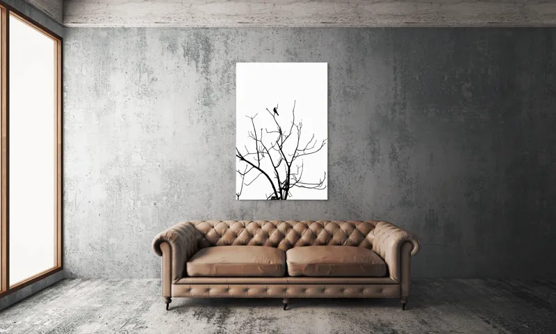 Tablou Canvas, "Pasărea singuratică în zare albă", Ramură, Siluetă, Pasăre, Cer, Contrast, Natură, Minimalism, Linie., 100 x 150 cm – poza 6