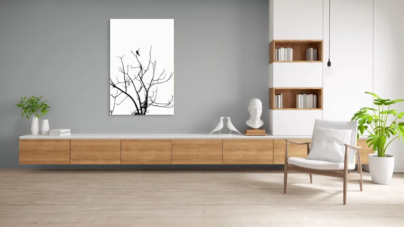 Tablou Canvas, "Pasărea singuratică în zare albă", Ramură, Siluetă, Pasăre, Cer, Contrast, Natură, Minimalism, Linie., 100 x 150 cm – poza 8