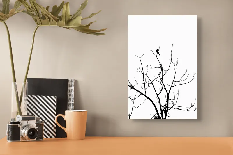 Tablou Canvas, "Pasărea singuratică în zare albă", Ramură, Siluetă, Pasăre, Cer, Contrast, Natură, Minimalism, Linie., 26 x 39 cm – poza 3