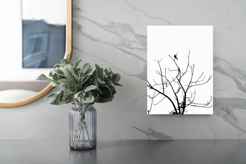 Tablou Canvas, "Pasărea singuratică în zare albă", Ramură, Siluetă, Pasăre, Cer, Contrast, Natură, Minimalism, Linie., 26 x 39 cm – poza 4