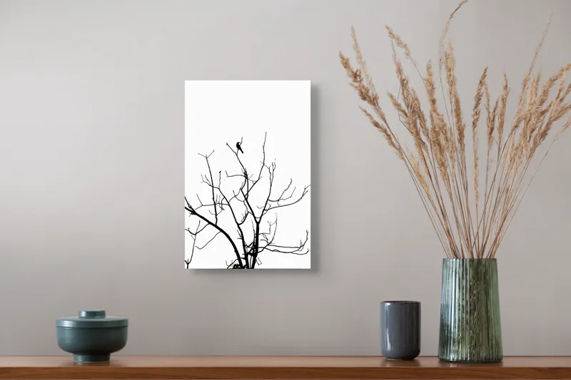 Tablou Canvas, "Pasărea singuratică în zare albă", Ramură, Siluetă, Pasăre, Cer, Contrast, Natură, Minimalism, Linie., 26 x 39 cm – poza 5