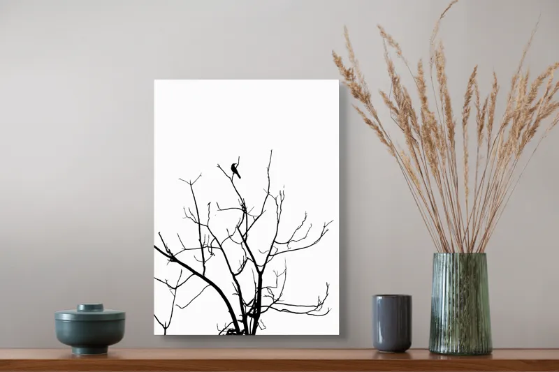 Tablou Canvas, "Pasărea singuratică în zare albă", Ramură, Siluetă, Pasăre, Cer, Contrast, Natură, Minimalism, Linie., 39 x 54 cm – poza 3