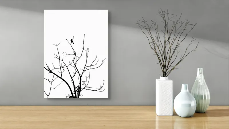 Tablou Canvas, "Pasărea singuratică în zare albă", Ramură, Siluetă, Pasăre, Cer, Contrast, Natură, Minimalism, Linie., 39 x 54 cm – poza 4