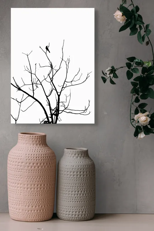 Tablou Canvas, "Pasărea singuratică în zare albă", Ramură, Siluetă, Pasăre, Cer, Contrast, Natură, Minimalism, Linie., 39 x 54 cm – poza 6
