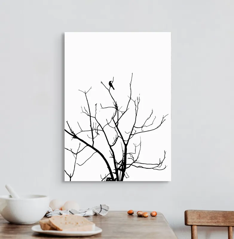 Tablou Canvas, "Pasărea singuratică în zare albă", Ramură, Siluetă, Pasăre, Cer, Contrast, Natură, Minimalism, Linie., 50 x 70 cm – poza 3