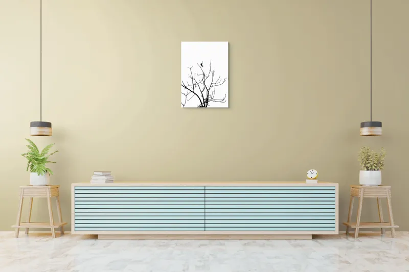 Tablou Canvas, "Pasărea singuratică în zare albă", Ramură, Siluetă, Pasăre, Cer, Contrast, Natură, Minimalism, Linie., 50 x 70 cm – poza 6