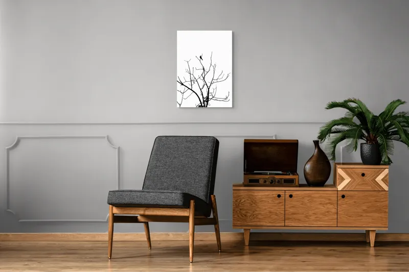 Tablou Canvas, "Pasărea singuratică în zare albă", Ramură, Siluetă, Pasăre, Cer, Contrast, Natură, Minimalism, Linie., 50 x 70 cm – poza 8