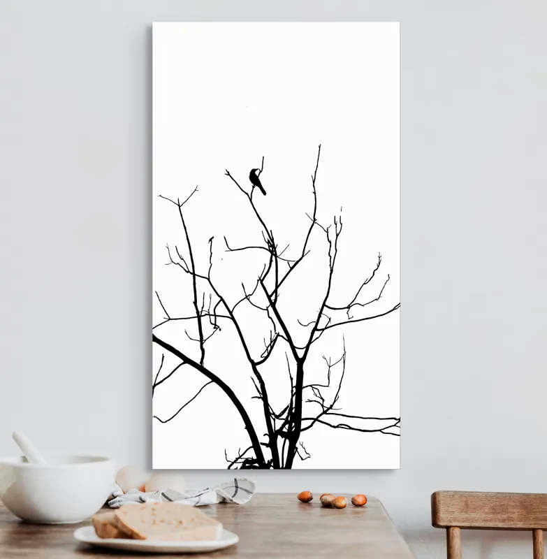 Tablou Canvas, "Pasărea singuratică în zare albă", Ramură, Siluetă, Pasăre, Cer, Contrast, Natură, Minimalism, Linie., 50 x 90 cm – poza 3