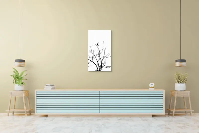 Tablou Canvas, "Pasărea singuratică în zare albă", Ramură, Siluetă, Pasăre, Cer, Contrast, Natură, Minimalism, Linie., 50 x 90 cm – poza 6