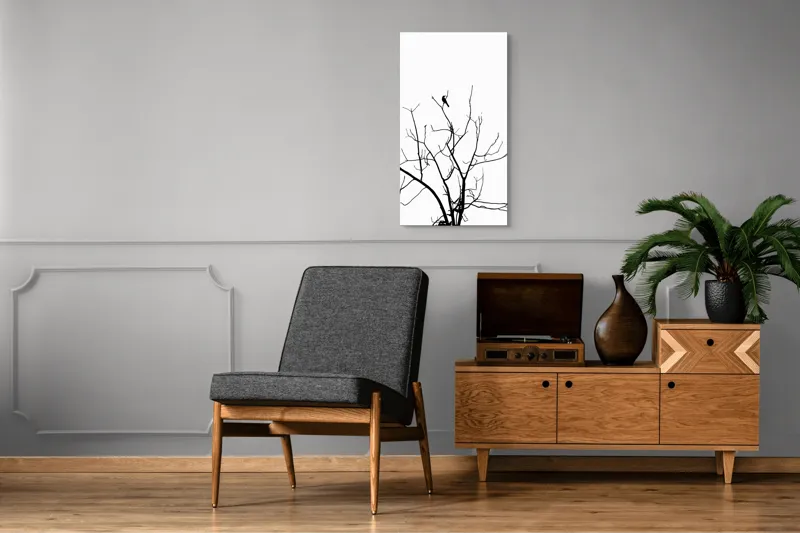 Tablou Canvas, "Pasărea singuratică în zare albă", Ramură, Siluetă, Pasăre, Cer, Contrast, Natură, Minimalism, Linie., 50 x 90 cm – poza 8