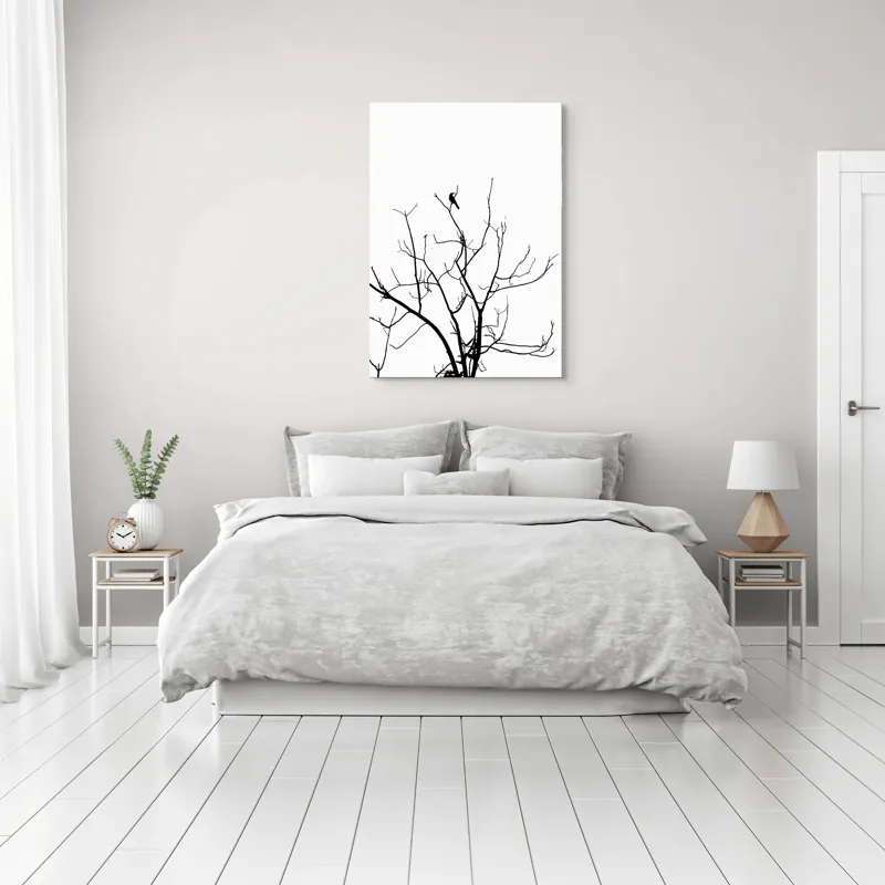 Tablou Canvas, "Pasărea singuratică în zare albă", Ramură, Siluetă, Pasăre, Cer, Contrast, Natură, Minimalism, Linie., 70 x 100 cm – poza 3
