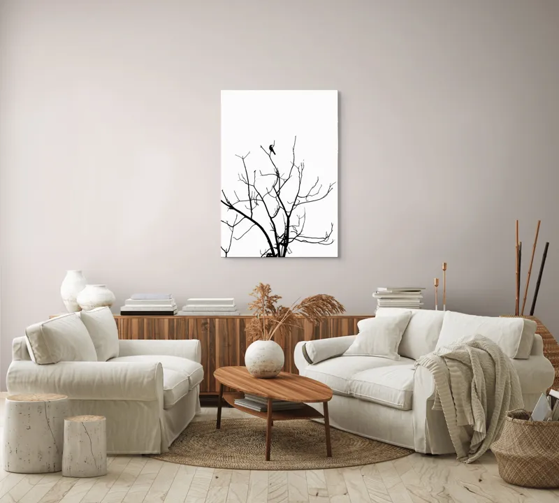 Tablou Canvas, "Pasărea singuratică în zare albă", Ramură, Siluetă, Pasăre, Cer, Contrast, Natură, Minimalism, Linie., 70 x 100 cm – poza 4