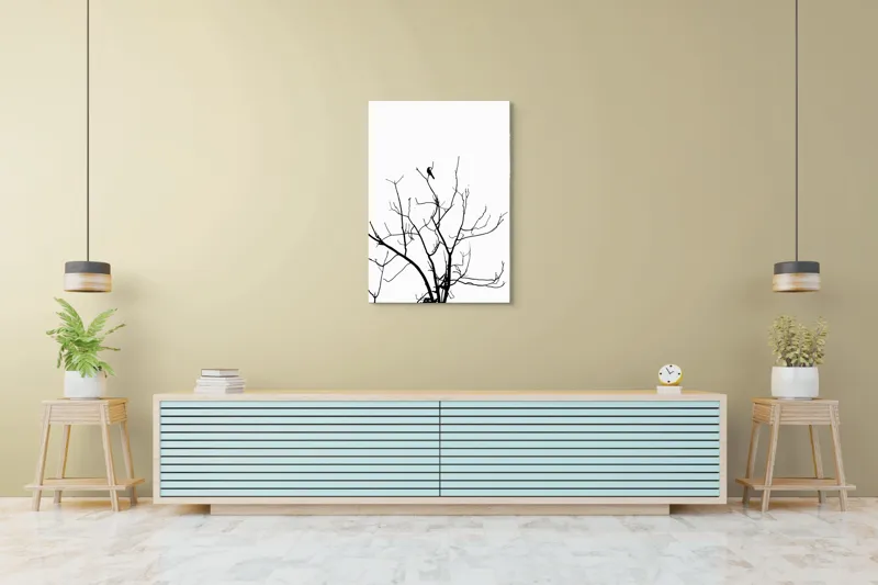 Tablou Canvas, "Pasărea singuratică în zare albă", Ramură, Siluetă, Pasăre, Cer, Contrast, Natură, Minimalism, Linie., 70 x 100 cm – poza 5