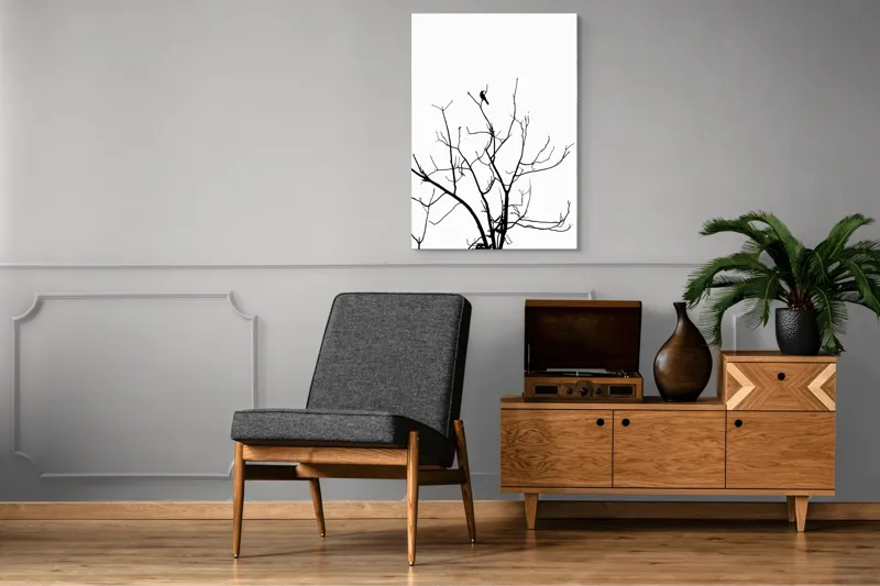 Tablou Canvas, "Pasărea singuratică în zare albă", Ramură, Siluetă, Pasăre, Cer, Contrast, Natură, Minimalism, Linie., 70 x 100 cm – poza 6