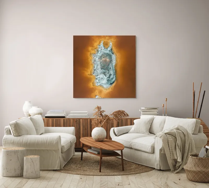 Tablou Canvas, "Ochi de foc în peisaj selenar", Dune, Textură, Contrast, Arid, Mineral, Abstracție, Peisaj, Natural, Pitoresc, Întindere, 100 x 100 cm – poza 3