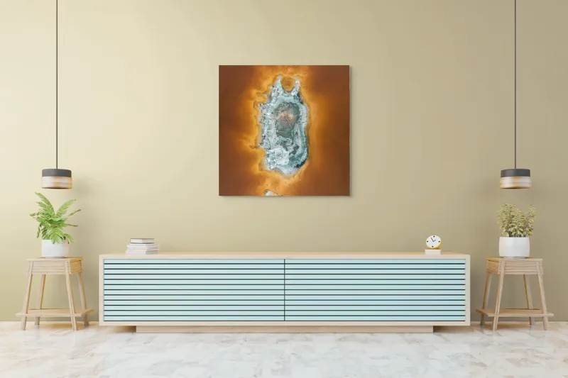 Tablou Canvas, "Ochi de foc în peisaj selenar", Dune, Textură, Contrast, Arid, Mineral, Abstracție, Peisaj, Natural, Pitoresc, Întindere, 100 x 100 cm – poza 5