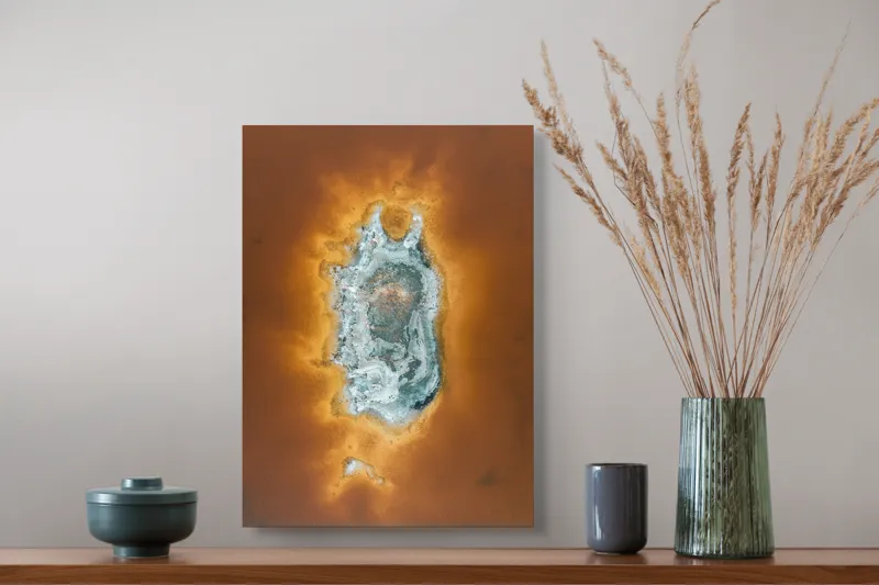 Tablou Canvas, "Ochi de foc în peisaj selenar", Dune, Textură, Contrast, Arid, Mineral, Abstracție, Peisaj, Natural, Pitoresc, Întindere, 39 x 54 cm – poza 3