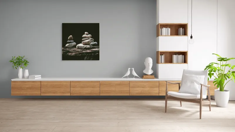 Tablou Canvas, "Turn echilibrat de pietre liniștite", Pietre, Echilibru, Natură, Calm, Simetrie, Tranquilitate, Armonie, Meditativ, Compoziție, 100 x 100 cm – poza 8