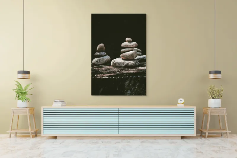 Tablou Canvas, "Turn echilibrat de pietre liniștite", Pietre, Echilibru, Natură, Calm, Simetrie, Tranquilitate, Armonie, Meditativ, Compoziție, 100 x 150 cm – poza 4