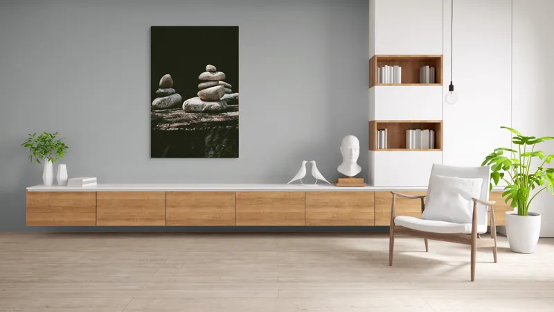 Tablou Canvas, "Turn echilibrat de pietre liniștite", Pietre, Echilibru, Natură, Calm, Simetrie, Tranquilitate, Armonie, Meditativ, Compoziție, 100 x 150 cm – poza 8