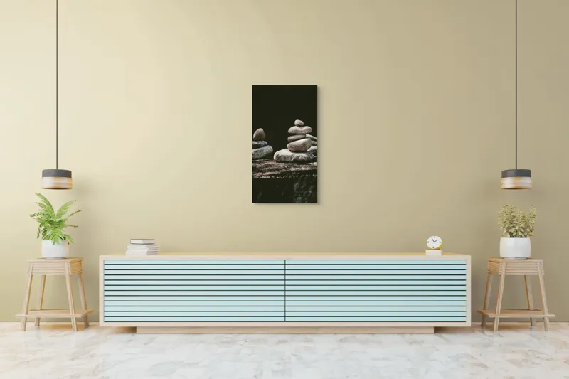 Tablou Canvas, "Turn echilibrat de pietre liniștite", Pietre, Echilibru, Natură, Calm, Simetrie, Tranquilitate, Armonie, Meditativ, Compoziție, 50 x 90 cm – poza 6